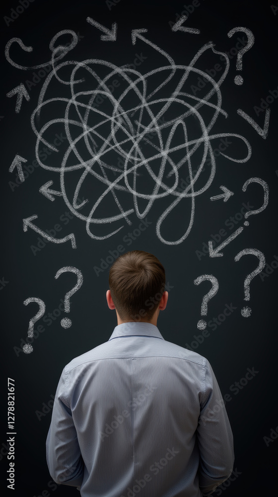 Confused man looking at chaotic questions on chalkboard Confused man looking at chaotic questions on chalkboard