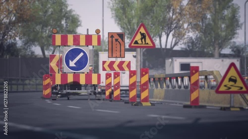 Traffic detours are observed as construction work is underway on the road. Various warning signs and barriers guide vehicles safely through the area. photo