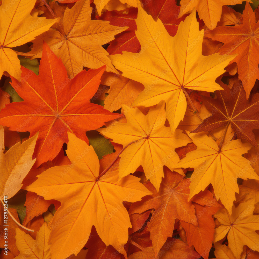 Vibrant autumn leaves in shades of orange and yellow covering ground Vibrant autumn leaves in shades of orange and yellow covering ground