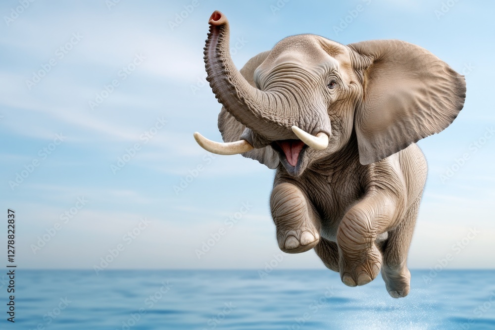 Fototapeta premium A humorous and surreal image of a playful elephant mid-jump into a bathtub The scene is whimsical and imaginative, evoking feelings of fun and surprise