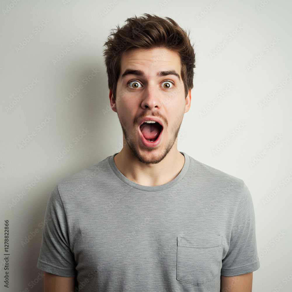 Wildly shocked young man in a gray T-shirt, mouth wide open and eyes bulging in disbelief, exclaiming 'Oh my God! Wow! Really' with pure astonishment and excitement Wildly shocked young man in a gray T-shirt, mouth wide open and eyes bulging in disbelief, exclaiming 'Oh my God! Wow! Really' with pure astonishment and excitement