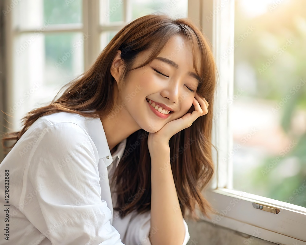 young asian woman with light skin and long brown