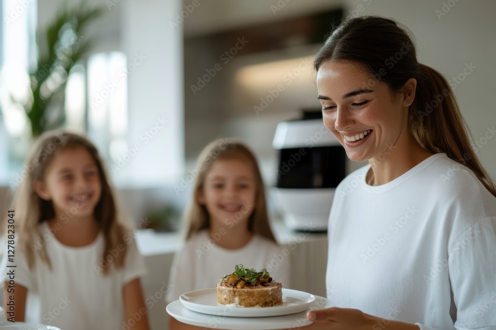 A happy mother serves a delicious meal to her smiling daughters, showcasing a warm family moment in a modern, bright kitchen environment filled with natural light. A happy mother serves a delicious meal to her smiling daughters, showcasing a warm family moment in a modern, bright kitchen environment filled with natural light.
