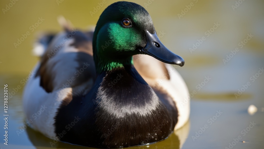 A close-up of a male mallard duck with a vibrant green head and black chest, floating on water.