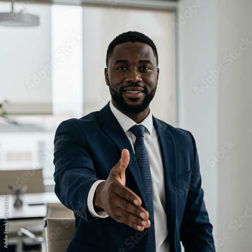  Confident African American businessman or HR recruiter extending his hand for a handshake, welcoming a candidate for a successful job interview in a professional office setting