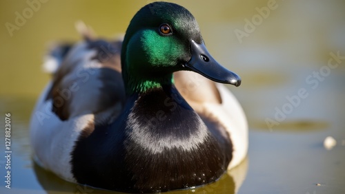 Obraz na płótnie A close-up of a male mallard duck with a vibrant green head and black chest, floating on water. w salonie