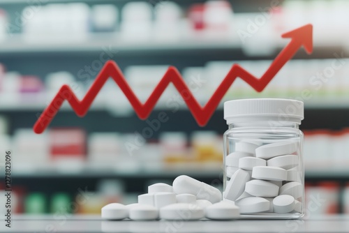Rising costs of medicine represented by upward trending red arrow and pills