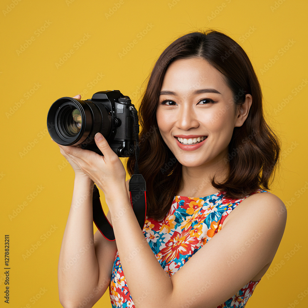 Vibrant close-up studio portrait of a cheerful young female tourist, beaming with excitement as she holds her camera, ready to capture unforgettable moments, against a bright yellow background. Vibrant close-up studio portrait of a cheerful young female tourist, beaming with excitement as she holds her camera, ready to capture unforgettable moments, against a bright yellow background.