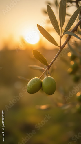 Olive branch with green olives at sunset, creating serene atmosphere