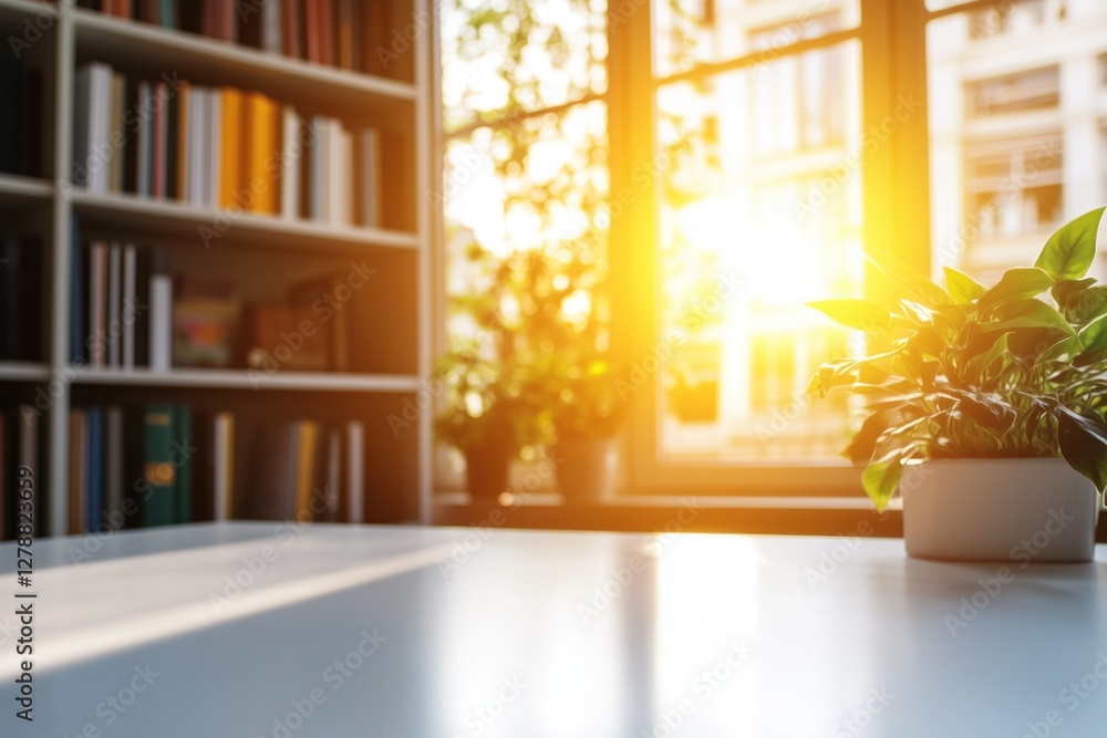 Obraz premium Empty table in sunny home office with bookshelf and plants