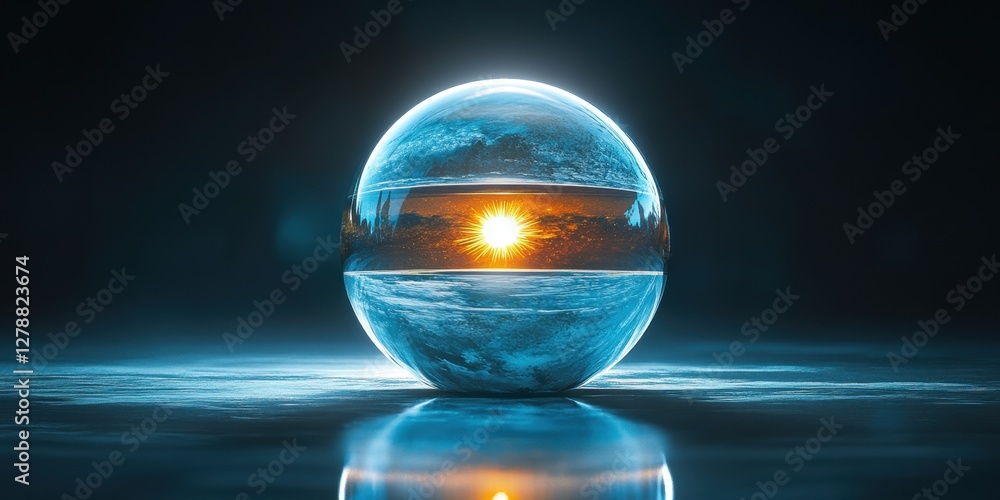 A Stunning Visual Representation of Earth Encased in a Crystal Sphere Reflecting a Sunset Over a Tranquil Landscape A Stunning Visual Representation of Earth Encased in a Crystal Sphere Reflecting a Sunset Over a Tranquil Landscape