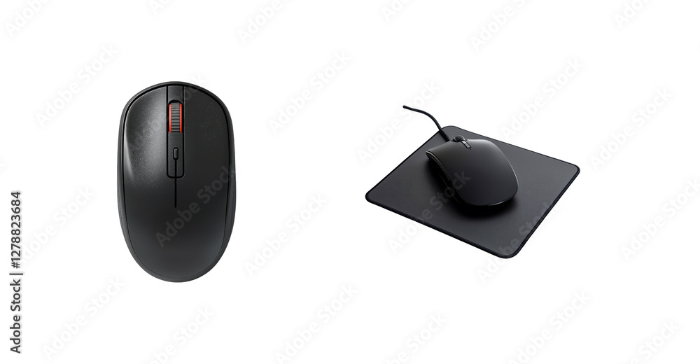 Black Computer Mouse and Mouse Pad on White Background Black Computer Mouse and Mouse Pad on White Background