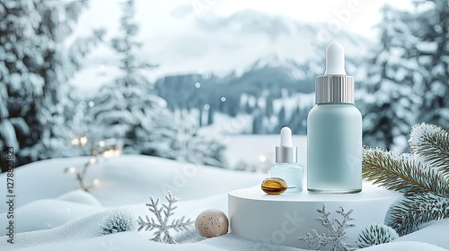 Winter skincare essentials include cleanser serum moisturizer and lotion for deep hydration. Winter Serenity with Cosmetic Bottles in Snowy Landscape