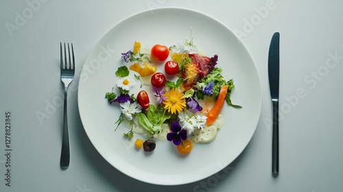 Wallpaper Mural A vibrant gourmet dish artistically arranged on a white plate, featuring fresh vegetables, edible flowers, and colorful garnishes, alongside a fork and knife. Torontodigital.ca