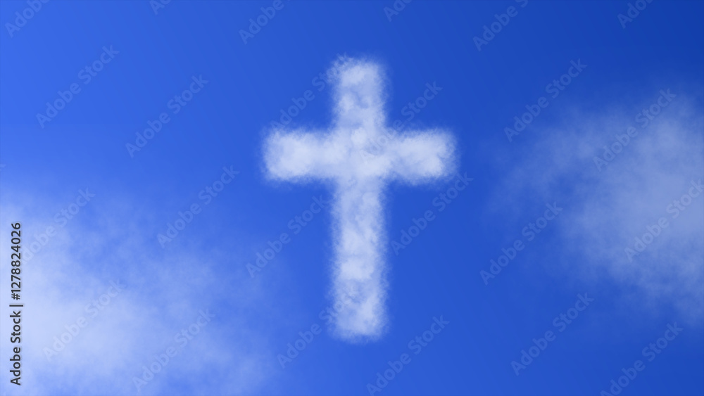 A Christian cross symbol appearing in a bright blue sky with soft cloud effects, representing faith, spirituality, and divine presence A Christian cross symbol appearing in a bright blue sky with soft cloud effects, representing faith, spirituality, and divine presence