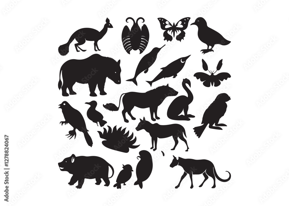 Obraz premium Black animal silhouettes, wildlife icons, 20 species EPS vector set