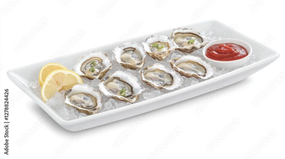 A rectangular white platter holds several fresh oysters on ice, garnished with chopped green onions and a small bowl of red sauce. A lemon wedge sits beside the oysters. The platter is set against a A rectangular white platter holds several fresh oysters on ice, garnished with chopped green onions and a small bowl of red sauce. A lemon wedge sits beside the oysters. The platter is set against a