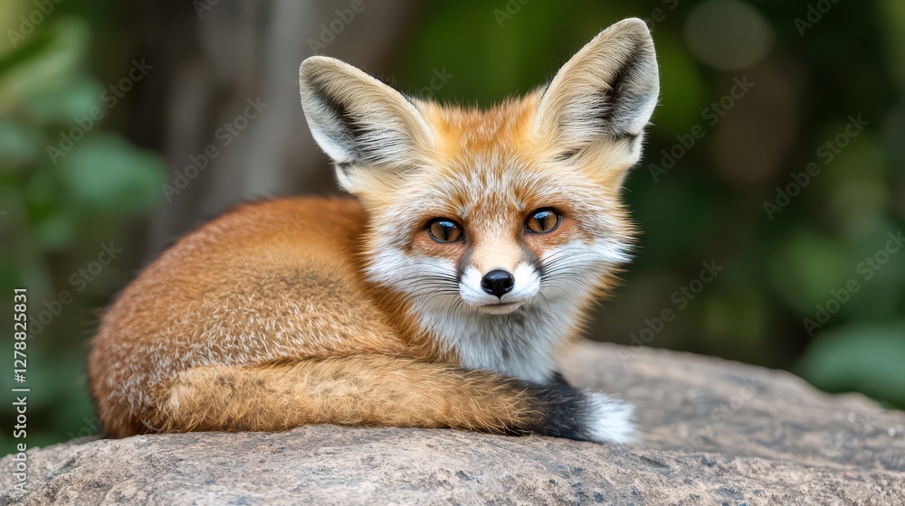 Obraz premium Adorable Red Fox Relaxing on a Rock Surrounded by Nature