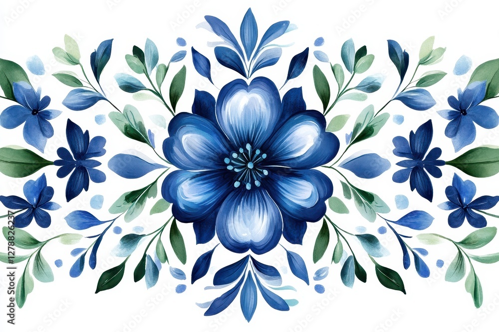 Fototapeta premium Elegant Blue Floral Pattern with Green Leaves for Seamless Design