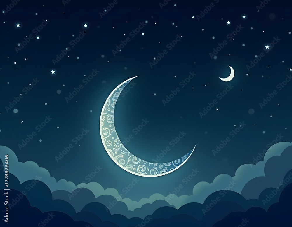 Naklejka premium Ramadan Kareem background with crescent moon and clouds. Vector illustration.