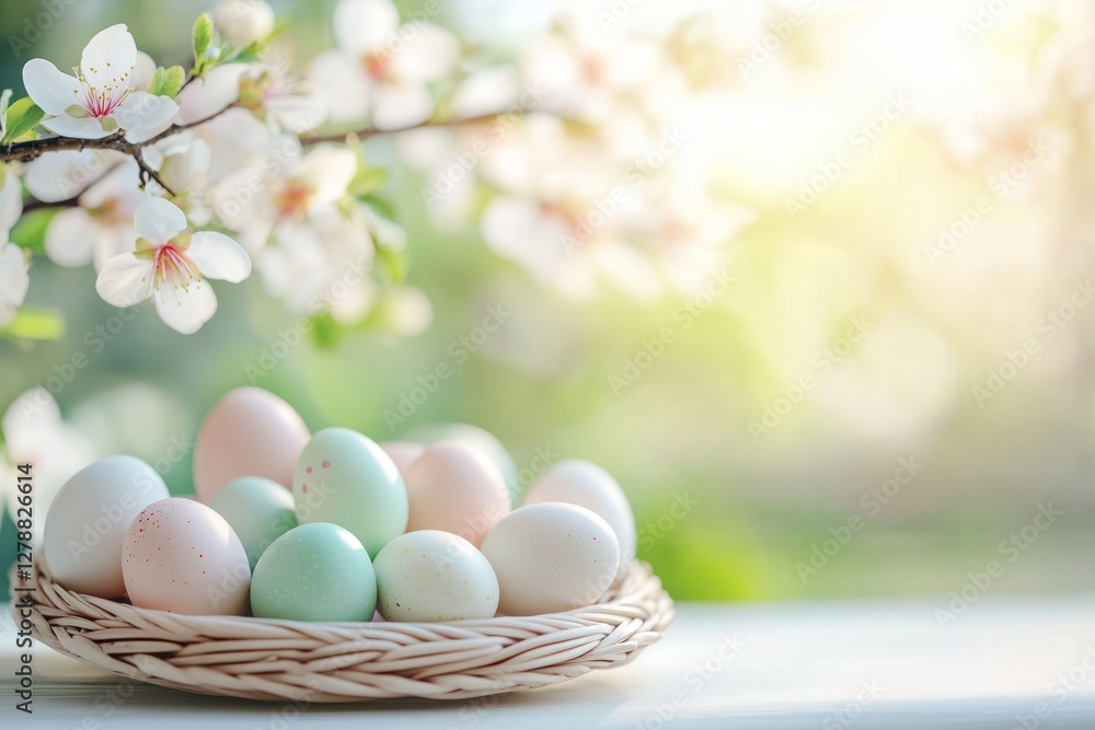Pastel colored easter eggs in a basket under blooming tree, copy space Pastel colored easter eggs in a basket under blooming tree, copy space