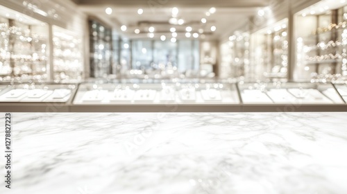 Empty marble table top with blurred jewelry store background for product display