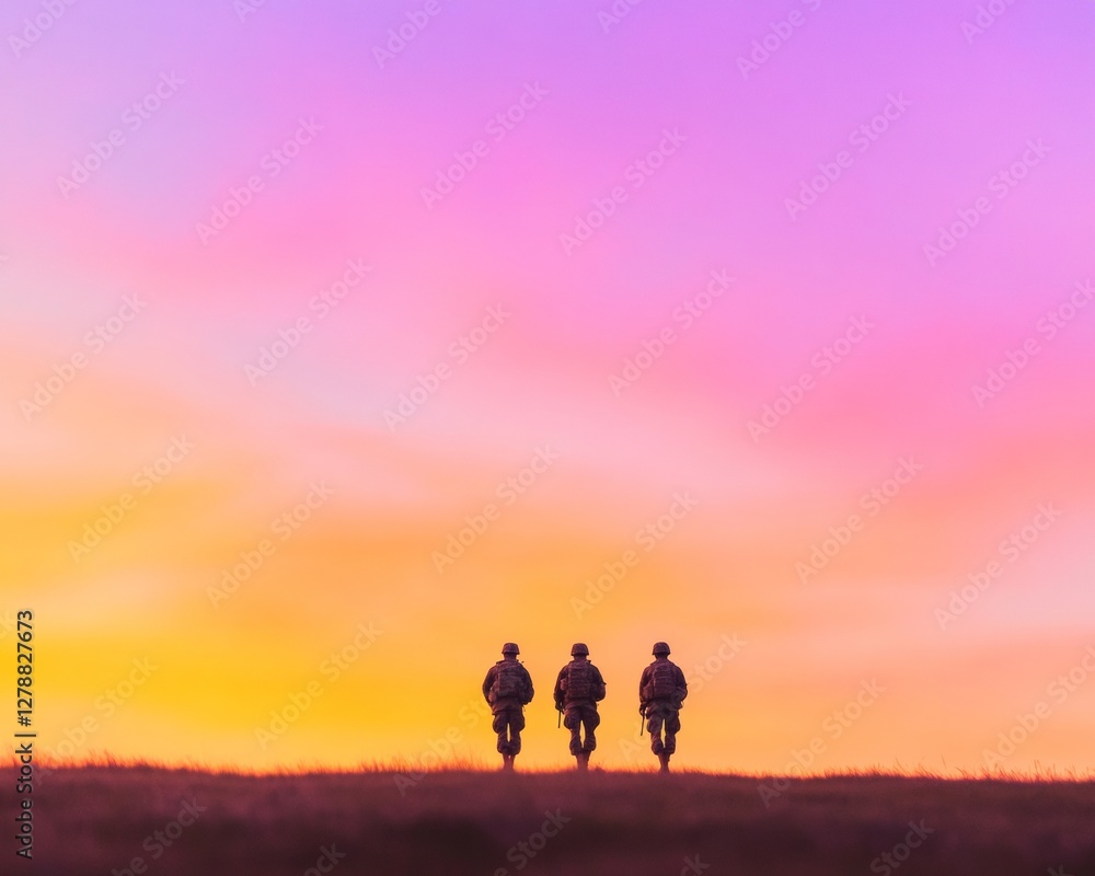 Sunset Silhouettes Soldiers in Formation on Desert Terrain - Military Tribute Imagery for Inspirational Content and Government Commemorations Sunset Silhouettes Soldiers in Formation on Desert Terrain - Military Tribute Imagery for Inspirational Content and Government Commemorations