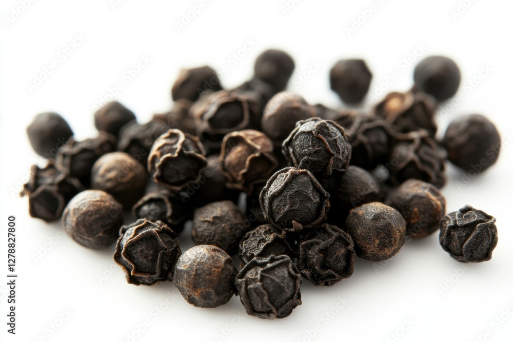 High quality black peppercorns on a clean white background for culinary use and seasoning High quality black peppercorns on a clean white background for culinary use and seasoning