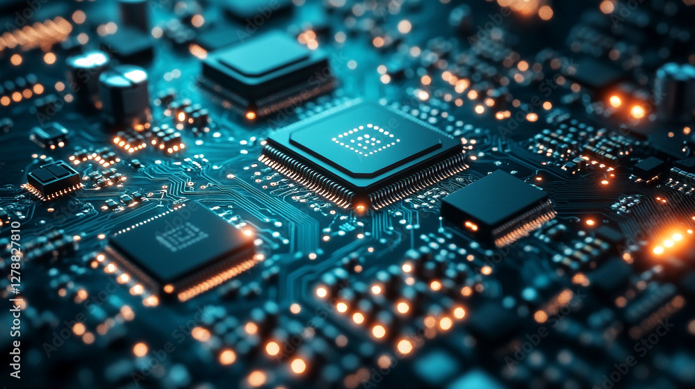 This image shows a close-up view of a circuit board with various integrated circuits, resistors, and other electronic components. This image shows a close-up view of a circuit board with various integrated circuits, resistors, and other electronic components.