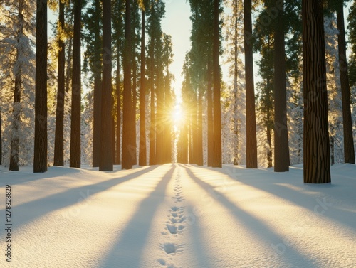 Scenic Winter Forest Pathway Sunlit Pine Trail with Snow-Covered Textures - Adventure Content for Eco-Tourism Marketing and Outdoor Brand Storytelling photo