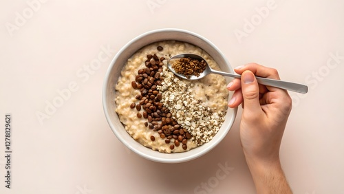 plant-based breakfast + oatmeal + nutritious Bowl of oatmeal topped with seeds and nuts, with a hand holding a spoon.