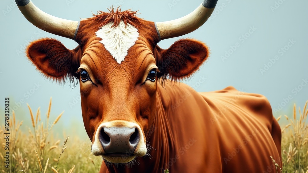 A detailed cow painting with a focus on the cow's face and horns, set against a natural background. A detailed cow painting with a focus on the cow's face and horns, set against a natural background.