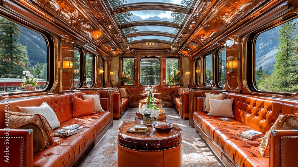 Fototapeta premium Luxurious train car interior with leather seating, scenic views, and natural light.