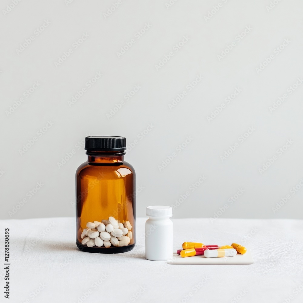 Minimalist Remote Healthcare Display Amber Glass Bottle and White Containers with Capsules on Linen - Modern Pharmacy Design and Telemedicine Integration for Health Solutions Minimalist Remote Healthcare Display Amber Glass Bottle and White Containers with Capsules on Linen - Modern Pharmacy Design and Telemedicine Integration for Health Solutions