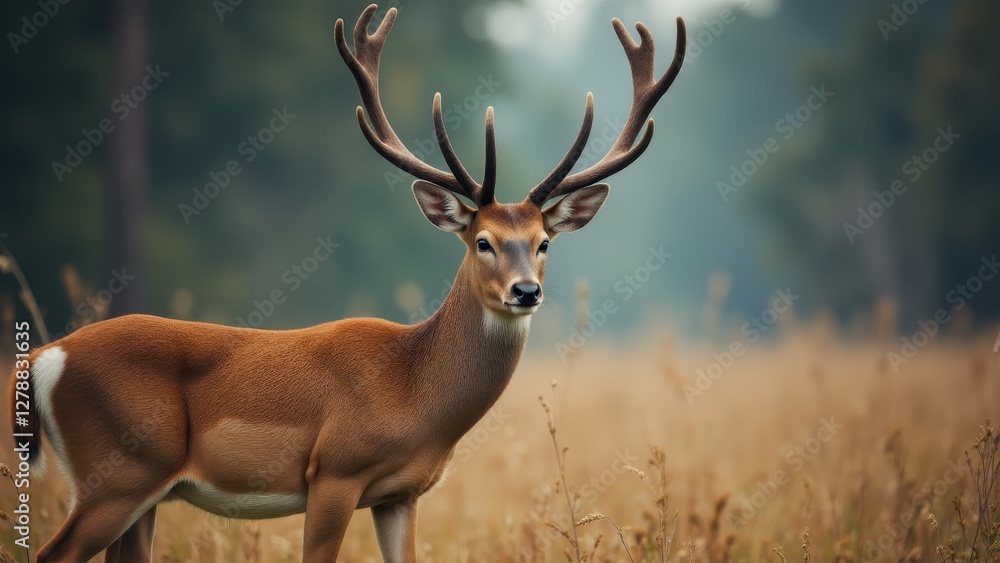 Majestic deer with large antlers standing in a field, perfect for a deer wallpaper. Majestic deer with large antlers standing in a field, perfect for a deer wallpaper.