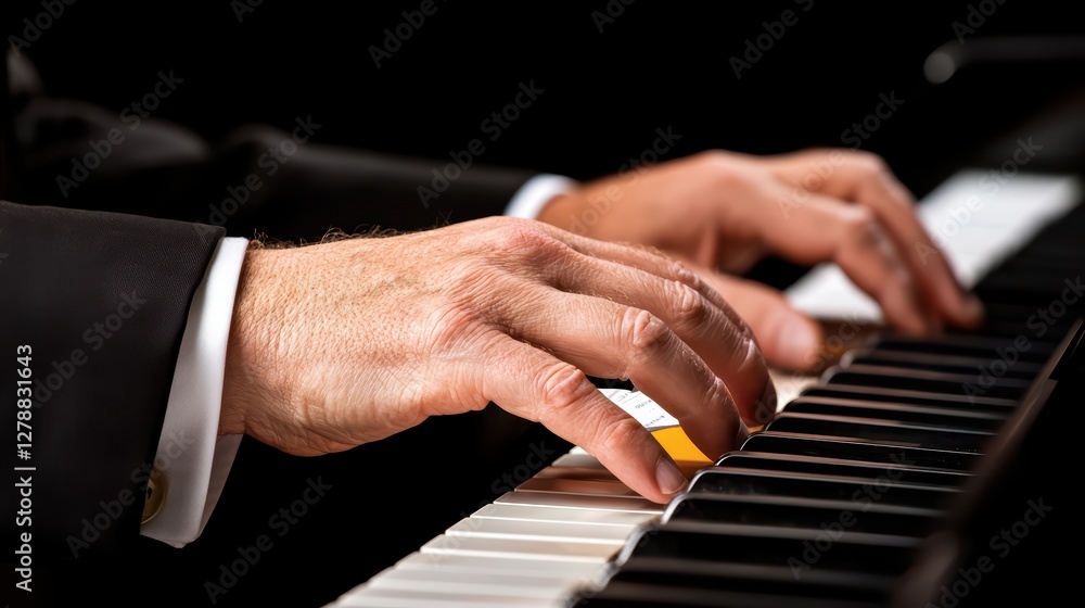 Fototapeta premium Elegant Hands Playing Piano Keys with Dramatic Lighting