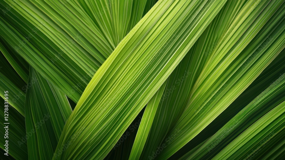 Close-up of vibrant green palm leaves, showing intricate textures and patterns. Close-up of vibrant green palm leaves, showing intricate textures and patterns.