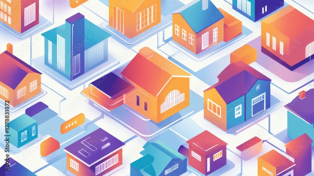 Colorful abstract illustration of various houses in a vibrant urban layout with pathways Colorful abstract illustration of various houses in a vibrant urban layout with pathways