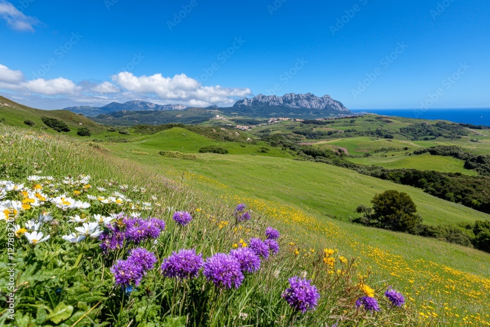 Obraz premium A vibrant meadow filled with colorful wildflowers and lush green grass, perfect for nature lovers and landscape enthusiasts