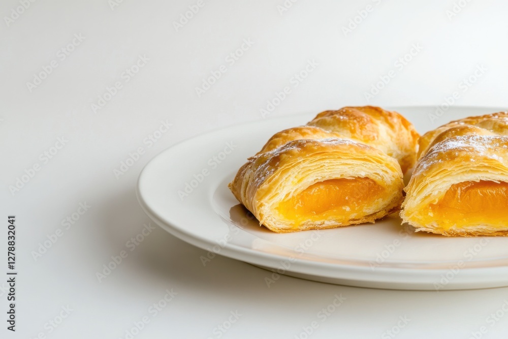 Delightful apricot Danish pastry served on a minimalist plate cut in half for an elegant presentation Delightful apricot Danish pastry served on a minimalist plate cut in half for an elegant presentation
