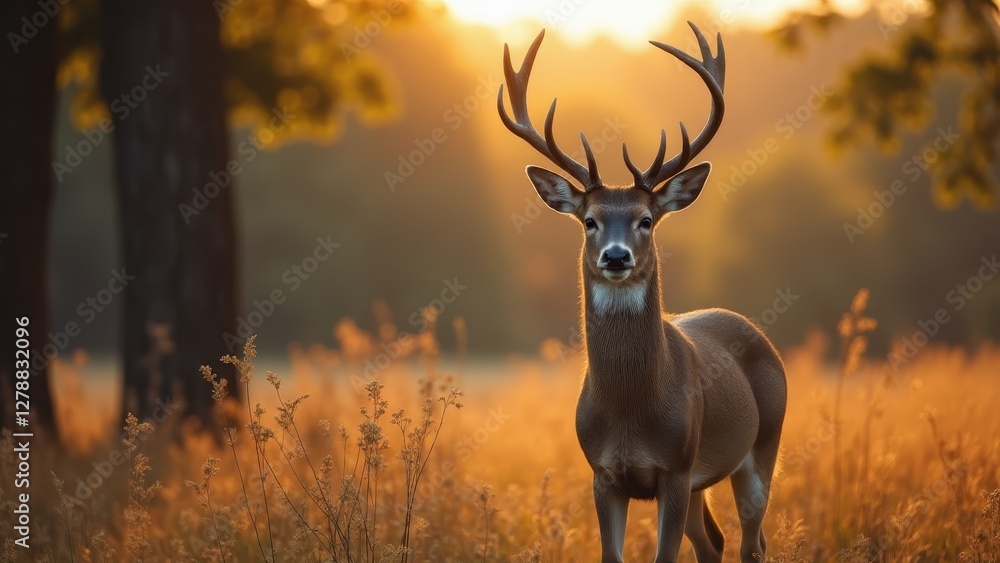 Obraz premium A majestic deer stands in a sunlit meadow, surrounded by tall grasses and trees, with the golden light of sunset creating a serene atmosphere.