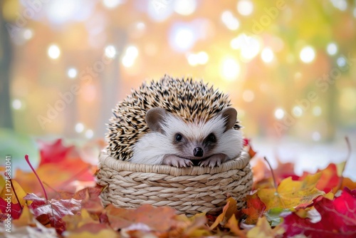 A delightful scene of a cute hedgehog sitting in a basket surrounded by vibrant autumn leaves, creating a charming seasonal atmosphere perfect for the fall season. photo