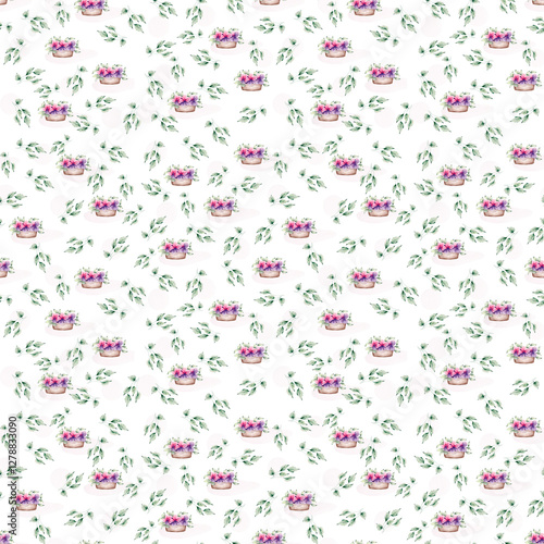 Pattern with hydrangea flowers in a basket and leaves on a white background.