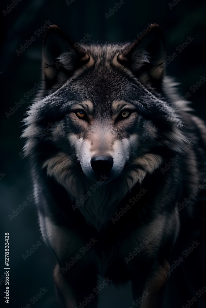 Fototapeta premium Spirit wolf howling under full moon in ethereal misty forest.