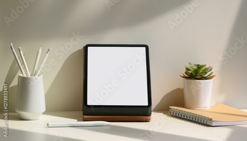 Wallpaper Mural 자연광이 비치는 데스크, 무광 디자인의 태블릿과 펜, 플래너 Torontodigital.ca