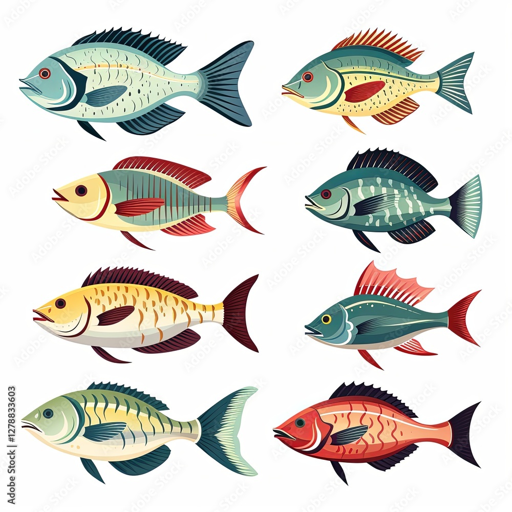 Naklejka premium A Colorful Collection of Unique Fish Species Swimming Together in Clear Blue Waters.