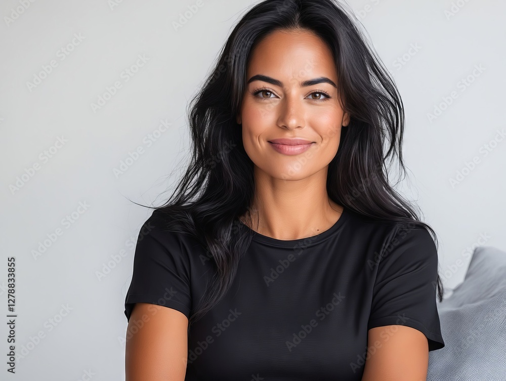 Fototapeta premium A woman sitting on a couch smiling at the camera