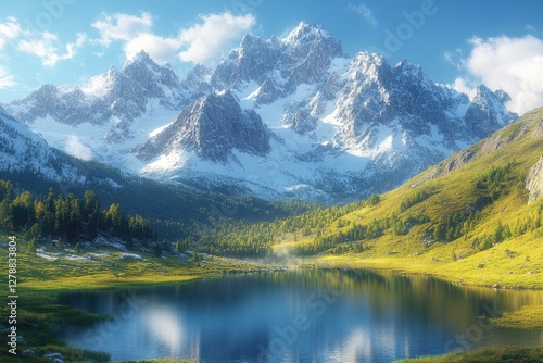 Majestic mountains reflect in serene lake, surrounded by vibrant