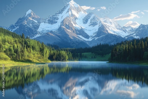 Majestic mountains rise above tranquil lake, reflecting serene n
