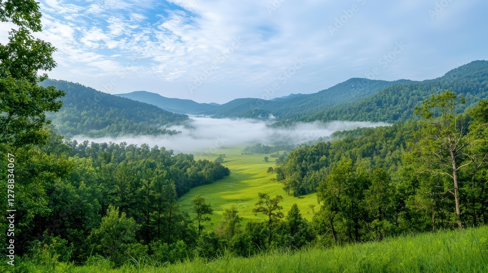 Fototapeta premium Lush Green Valley with Misty Landscape and Rolling Hills in Morning Light